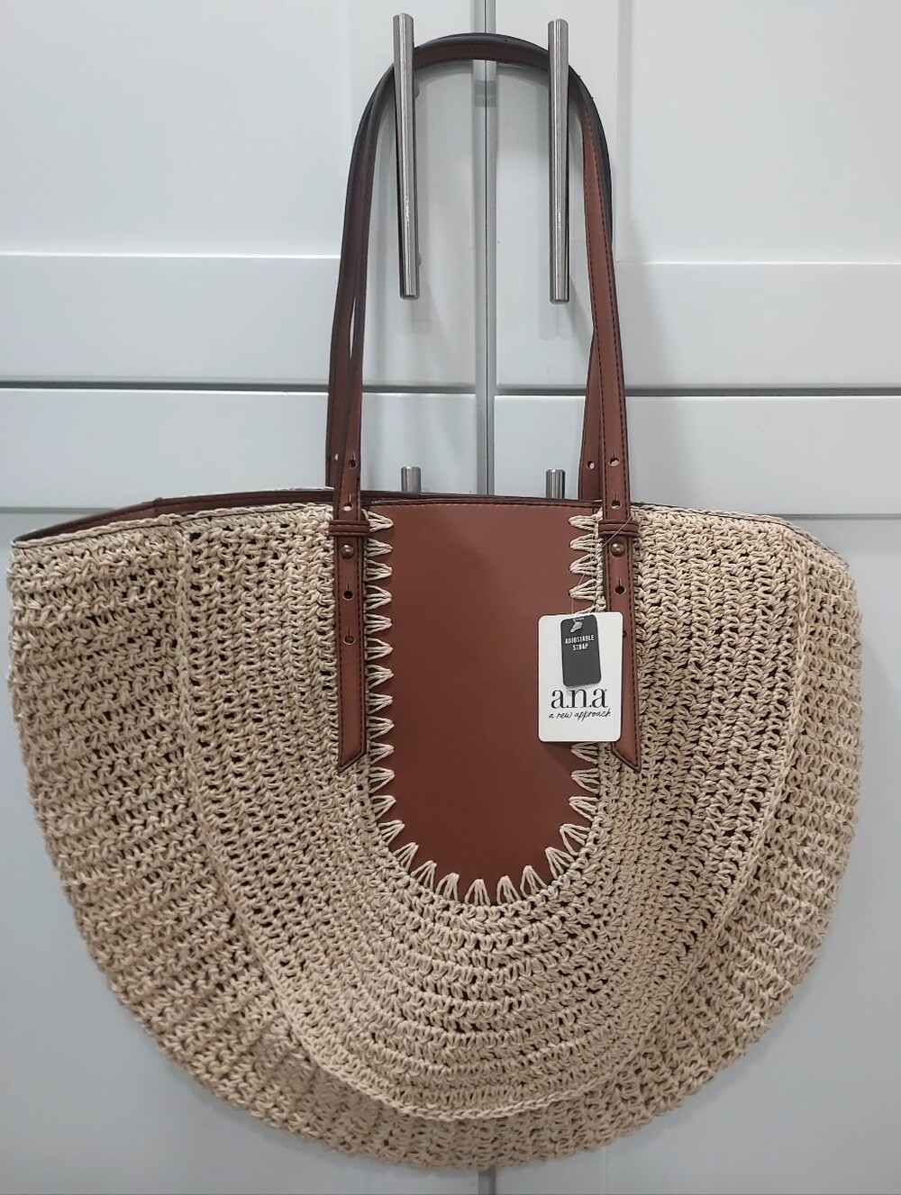 a.n.a Beige Crochet Tote with Brown Trim and Straps
